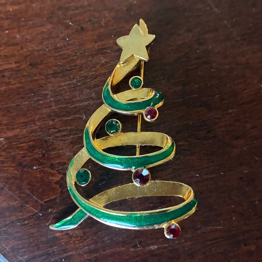 Vintage LIA Signed Gold Tone Spiral Ribbon Christmas Tree Brooch Rhinestone Pin